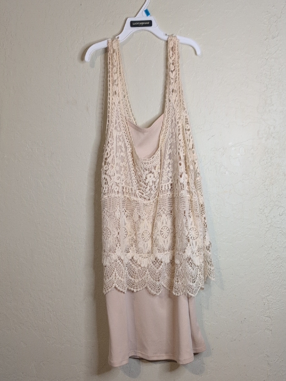 Zara Cream Crochet Lace-Trim Tank over Darted Slinky Slip Dress 2 Pieces